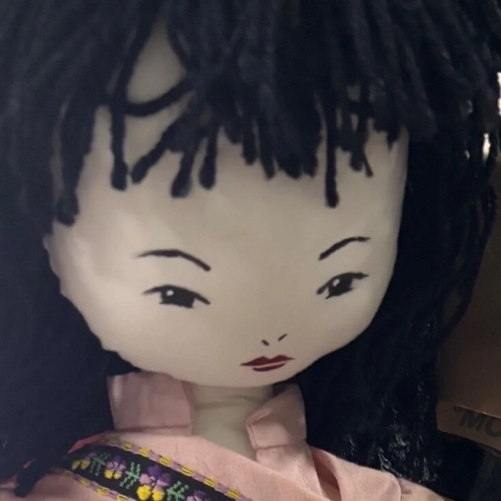 Vintage Cloth Doll Asian Style Pink Outfit Black‎ Yarn Hair prewned GUC 1970s